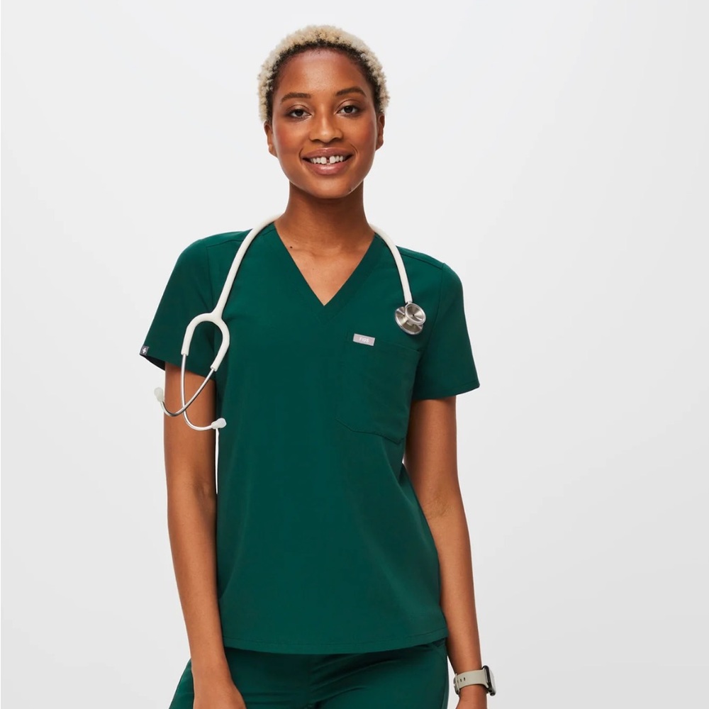 Figs Catarina Forest Green V-Neck Top